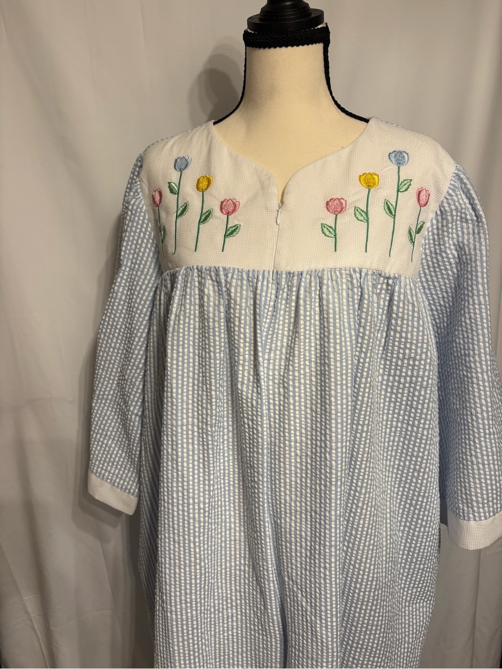 Woman Within Light Blue Seersucker Day Gown with Multicolor Tulip Embroidery